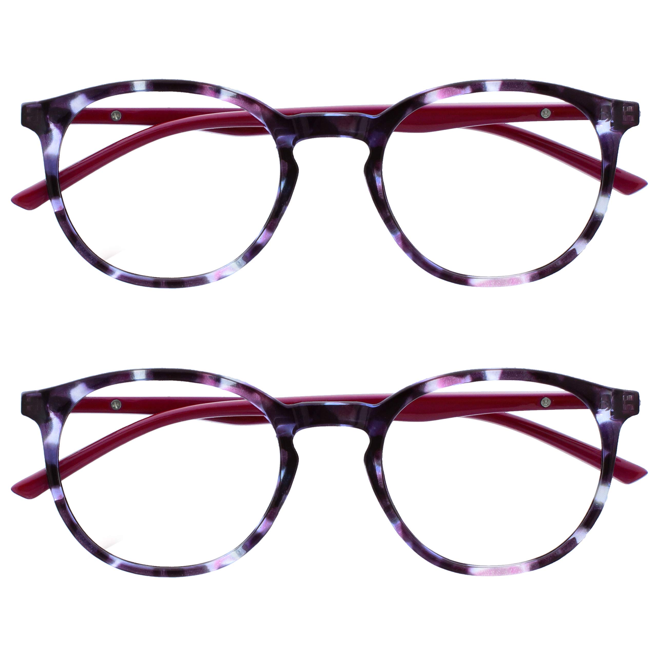 OPULIZE MET Reading Glasses for Women Men, Slim Round Frame with Spring Hinges and Scratch Resistant, Purple +0 (Pack of 2)