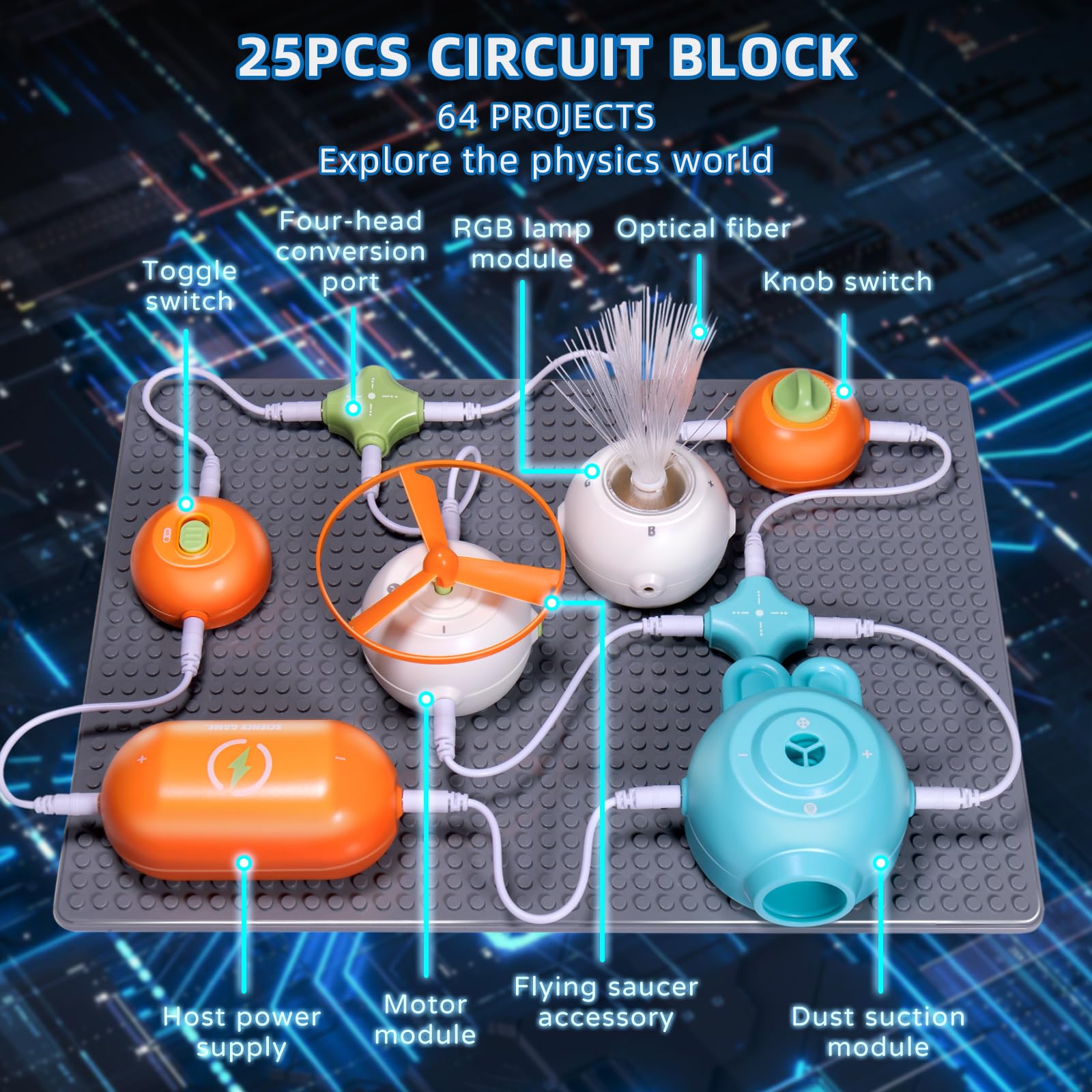 RISUNTOY Circuits Science Kit for Kids Ages 3-12 | 64 STEM Projects with 25 Electronic Parts | No Soldering, Kids Circuit Board Kit with Fan, RGB Lights| Educational STEM Toy Gift for Boys & Girls 6-8