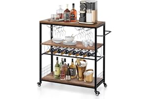 BVBOX Bar Cart with Wheels, Bar Carts for The Home, 3-Tier Rolling Kitchen Cart with Wine Rack, Home Bar & Serving Carts with Hooks Wine Cart Microwave Cart for Kitchen Living Room