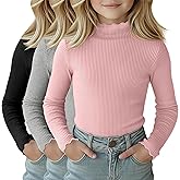 LessonZoo 3 Pack Girls Lettuce Trim Mock Neck Cotton Long Sleeve Shirts, 5-14 Years Ribbed Slim Tops Casual Layer Basic Tees