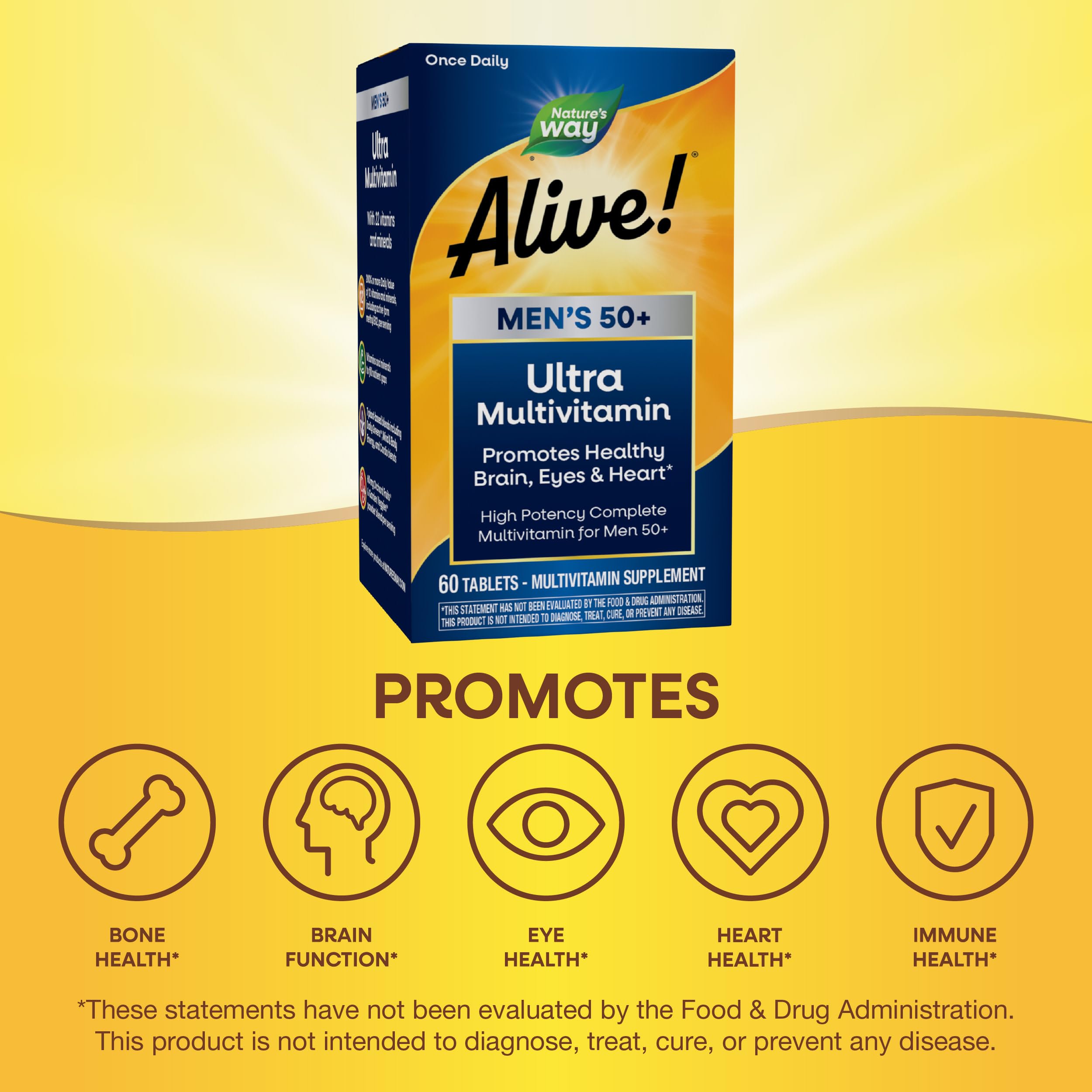 Nature's Way Alive! Men’s 50+ Daily Ultra Multivitamin, High Potency Formula, Supports Healthy Brain, Eyes & Heart*, with Methylated B12, Gluten-Free, 60 Tablets (Packaging May Vary)