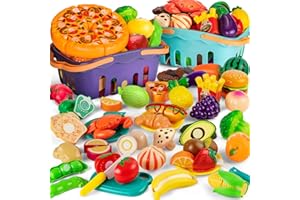 MOEAWS Cutting Play Food Toy For Multiple Kids with 2 Colors Storage Baskets(Purple&blue), 115 pcs Fake Food/Fruit/Vegetable for Toddler Pretend Kitchen Accessories, Boy Girl Classroom Learning/Birthday Gift