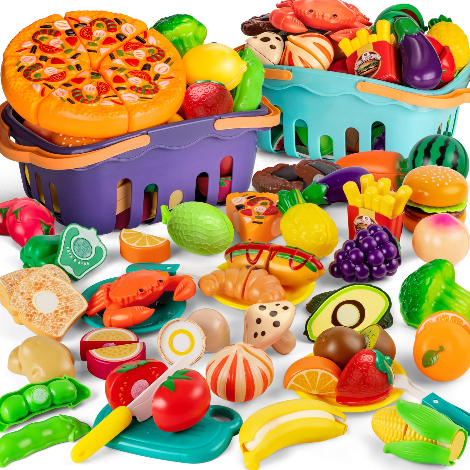 Photo 1 of Cutting Play Food Toy For Multiple Kids with 2 Colors Storage Baskets(Purple&blue), 115 pcs Fake Food/Fruit/Vegetable for Toddler Pretend Kitchen Accessories, Boy Girl Classroom Learning/Birthday Gift