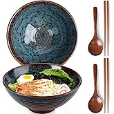 NUTRIUPS 8 Inch Ceramic Ramen Bowl Set of 2 Pho Bowls Japanese Noodle Udon Soup Bowls with Spoons and Chopsticks (Peacock Tail)