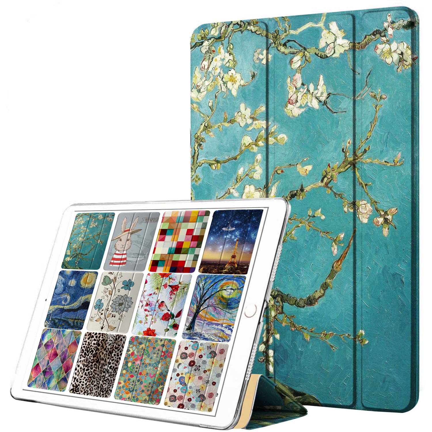 DuraSafe Cases for iPad PRO 12.9 1 Gen 2015 [ iPad 12.9 Inch 1st ] A1652 A1584 Trifold Printed Hard Smart PC Transparent Back Cover - Almond Flower Bloom