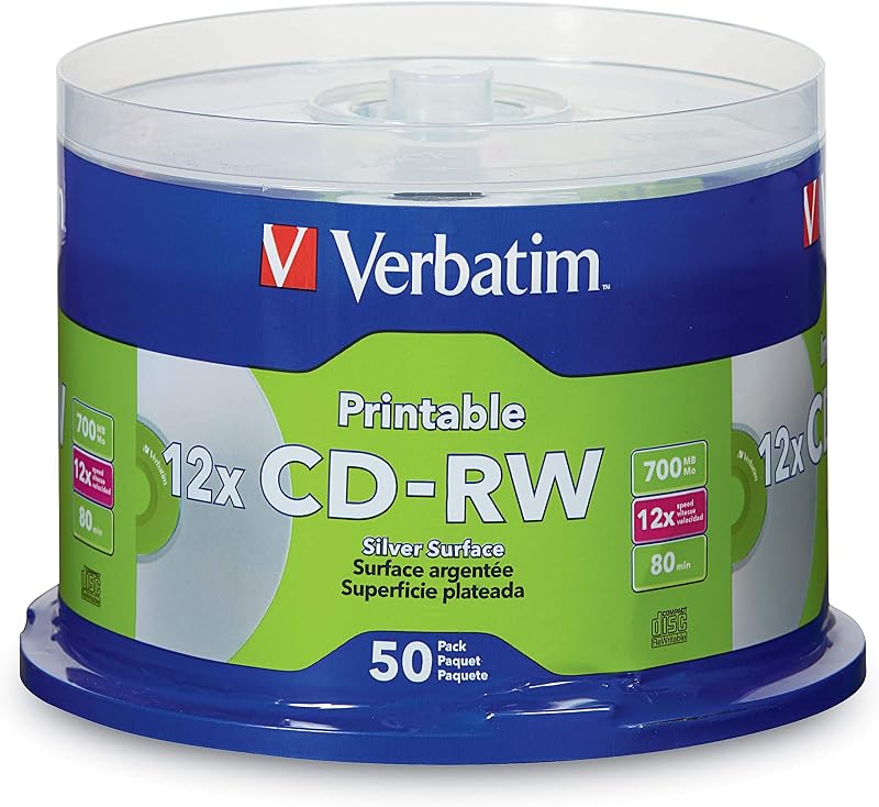 Verbatim CD-RW 700MB 2X-4X Silver Inkjet Printable DataLifePlus Hub 50pk Spindle