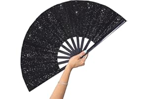 GeGeYa Large Folding Fan-Hand Fan Popping Fan for Line Dancing Clacking Fans for Boots On The Ground Dance, Party,Outdoor,Decoration (Black Glitter)