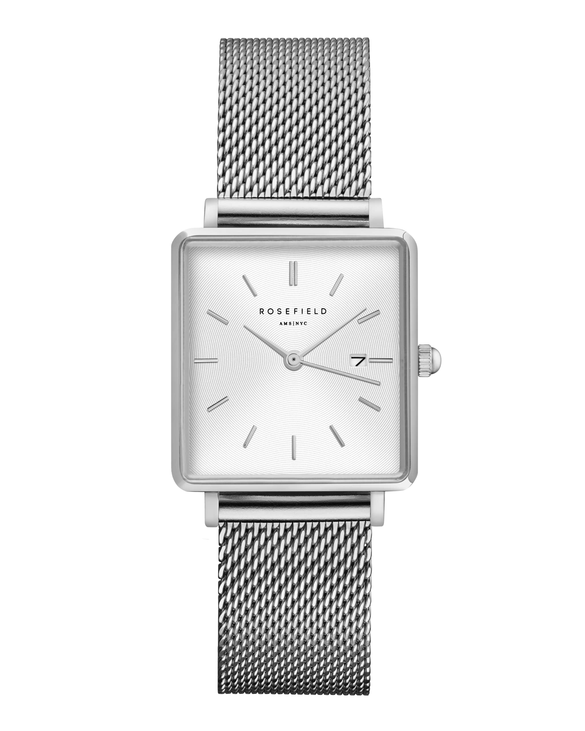Rosefield Women's Watch The Boxy Silver Square Case - White Dial & Mesh Silver Strap QWSS-Q02