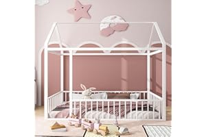 HANLIVES Twin House Bed for Kids, Montessori Floor Bed with Rails,Metal Floor Bed Frame Twin with Roof, Twin Kids Bed Floor Bed for Kids, Girls, Boys(White)