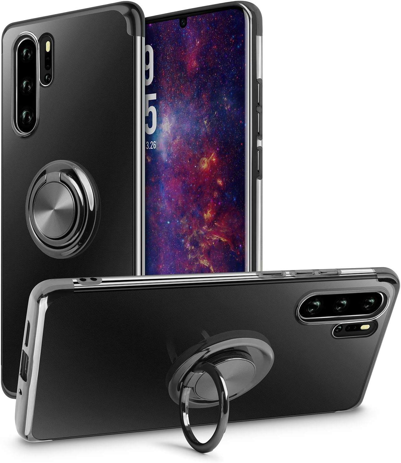 Huawei P30 Pro Case,Clear Crystal Slim Soft TPU Cover Shock-absorbing Protective Case with Electroplated Frame Finger Grip Ring Holder Stand [Magnetic Car Mount Feature] for Huawei P30 Pro,Black