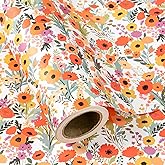 WRAPAHOLIC Kraft Floral Wrapping Paper Roll - Mini Roll - 17 Inch x 9.8 Feet - Bright Summer Flower Wrapping Paper, Perfect for Wedding, Birthday, Bridal Shower, Tea Party