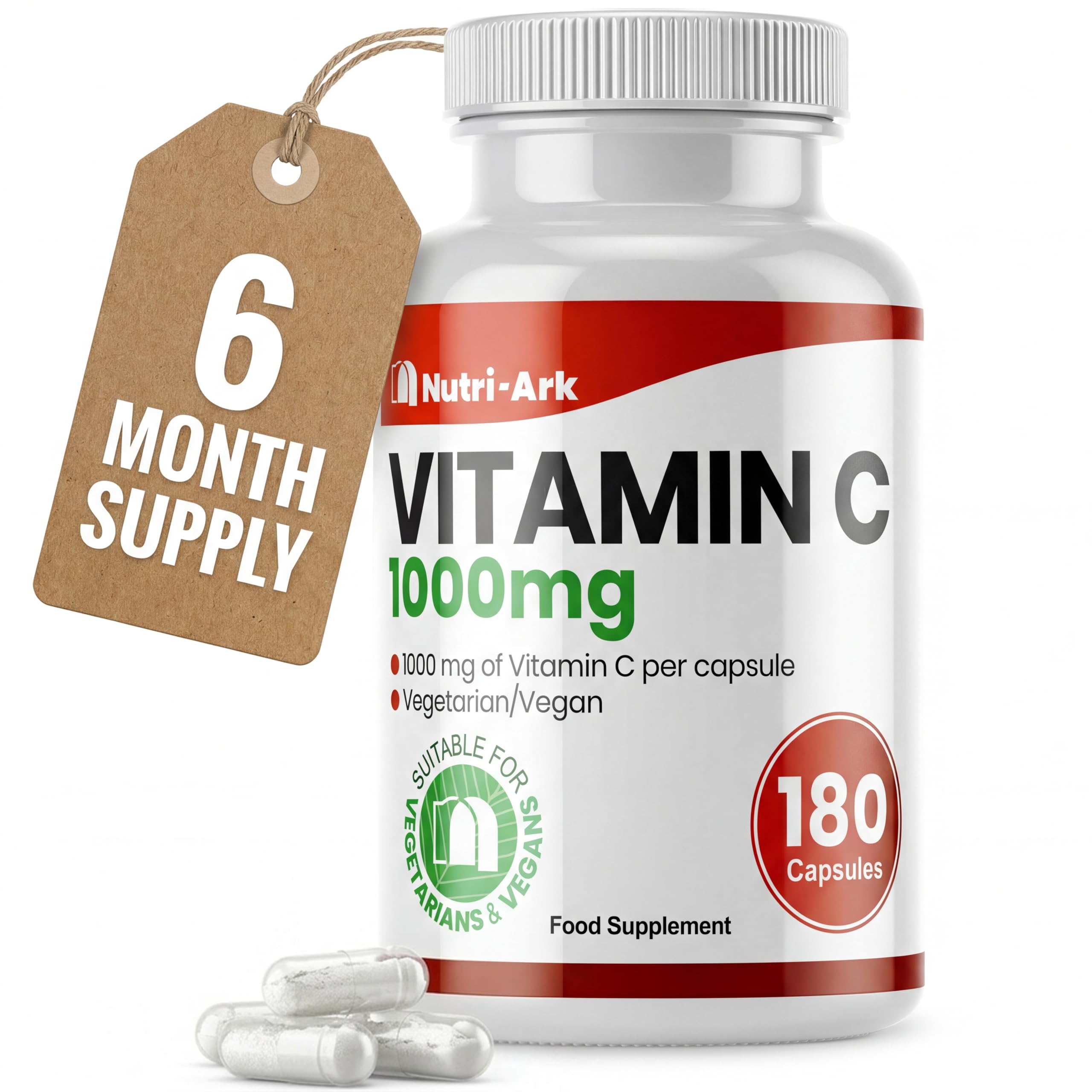 Vitamin C 1000mg | 180 Capsules (6 Month Supply) | High Strength Ascorbic Acid | Vegan & Vegetarian Friendly | Manufactured in the UK