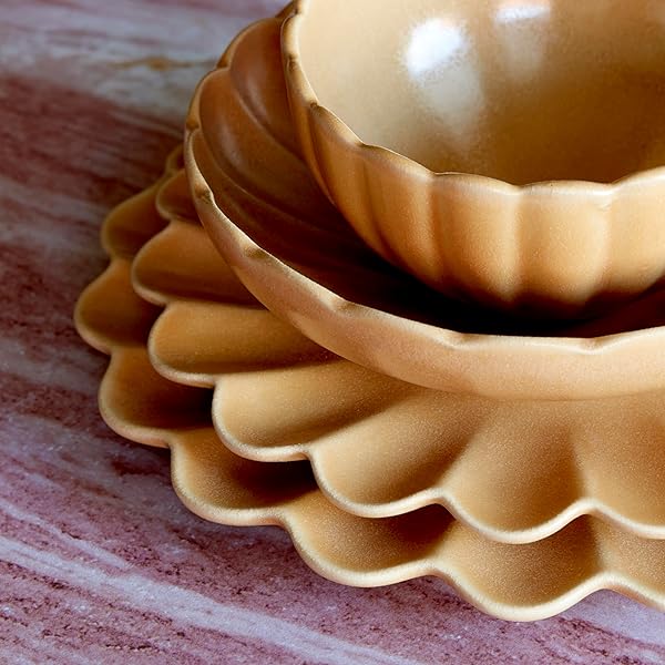 LEMIEUX ET CIE DHALIA 4-PIECE BOWL SET STONEWARE, BOWLS, DISHWASHER AND MICROWAVE SAFE, DISH SET FOR 4, CAMEL