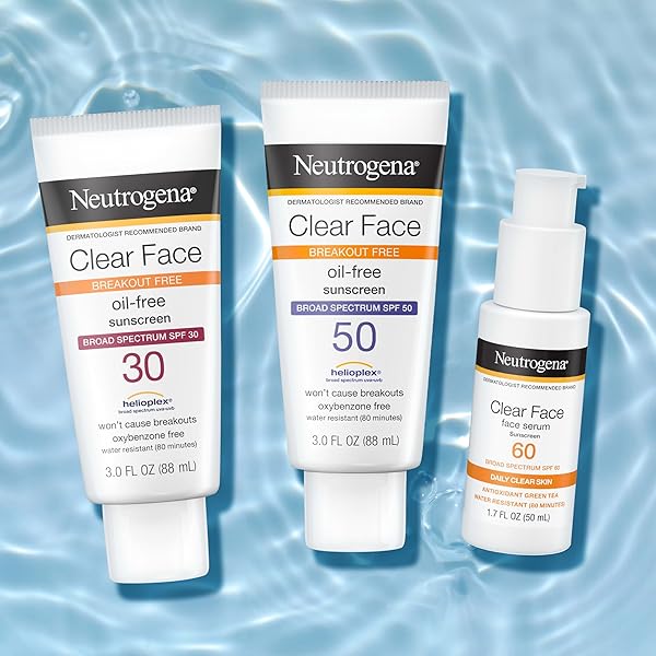 NEUTROGENA CLEAR FACE SERUM SUNSCREEN WITH GREEN TEA, BROAD SPECTRUM SPF 60, NON-COMEDOGENIC FACE SUNSCREEN FOR LIGHTWEIGHT UVA/UVB PROTECTION, OXYBENZONE- & FRAGRANCE-FREE, 1.7 FL. OZ