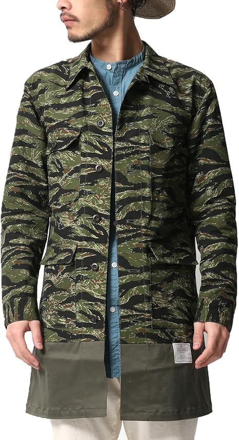 Amazon エフェクテン Effecten コート メンズ ジャケット ロング丈 ステンカラー ショップコート 迷彩 カモフラ レーヨン コート ジャケット 通販
