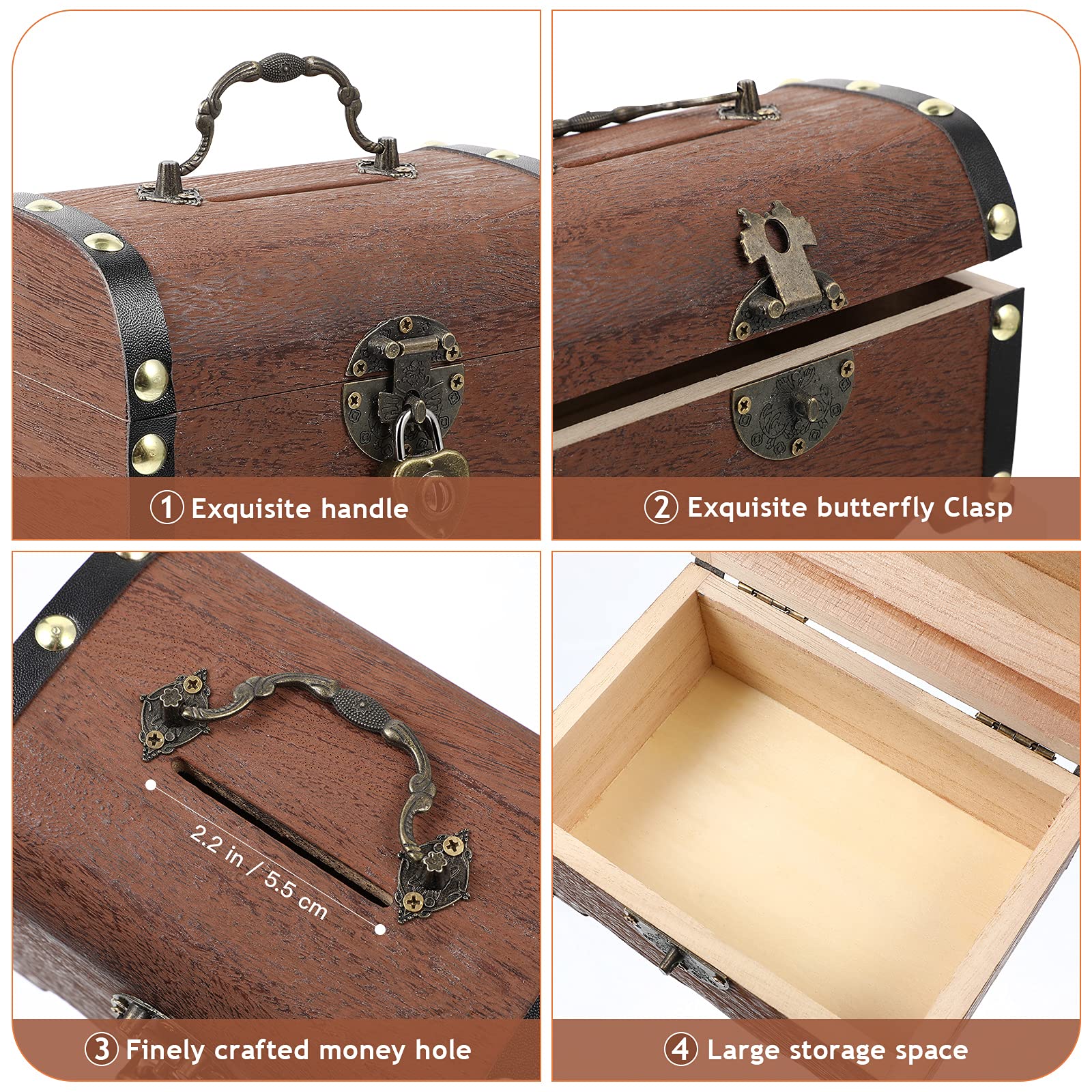 Piggy Bank: Vintage Wood Treasure Chest Rustic Small Wooden Box Decorative Coin Bank Money Bank Money Saver Storage Box for Wedding Home Decor