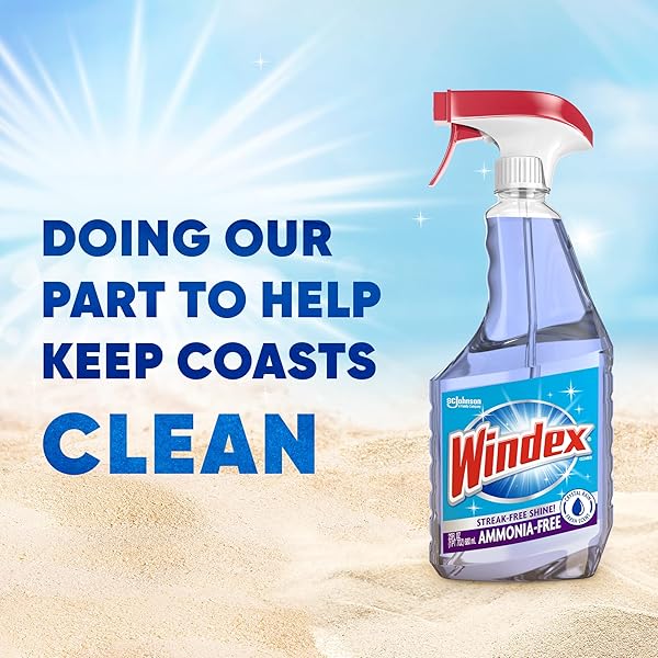 WINDEX GLASS AND WINDOW CLEANER SPRAY BOTTLE, AMMONIA FREE, BOTTLE MADE FROM 100% RECOVERED COASTAL PLASTIC, SURFACE CLEANING SPRAY, CRYSTAL RAIN SCENT, 32 FL OZ