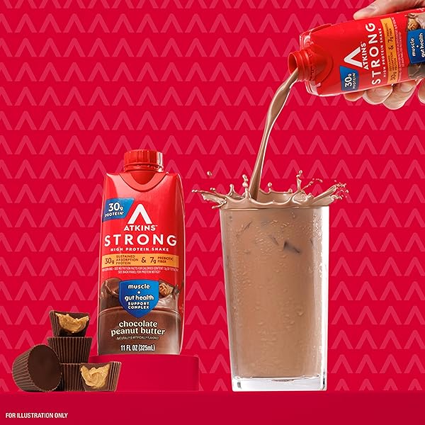 ATKINS STRONG HIGH PROTEIN SHAKE, CHOCOLATE PEANUT BUTTER, 30G PROTEIN, 7G PREBIOTIC FIBER, MUSCLE & GUT HEALTH SUPPORT COMPLEX, 4 COUNT