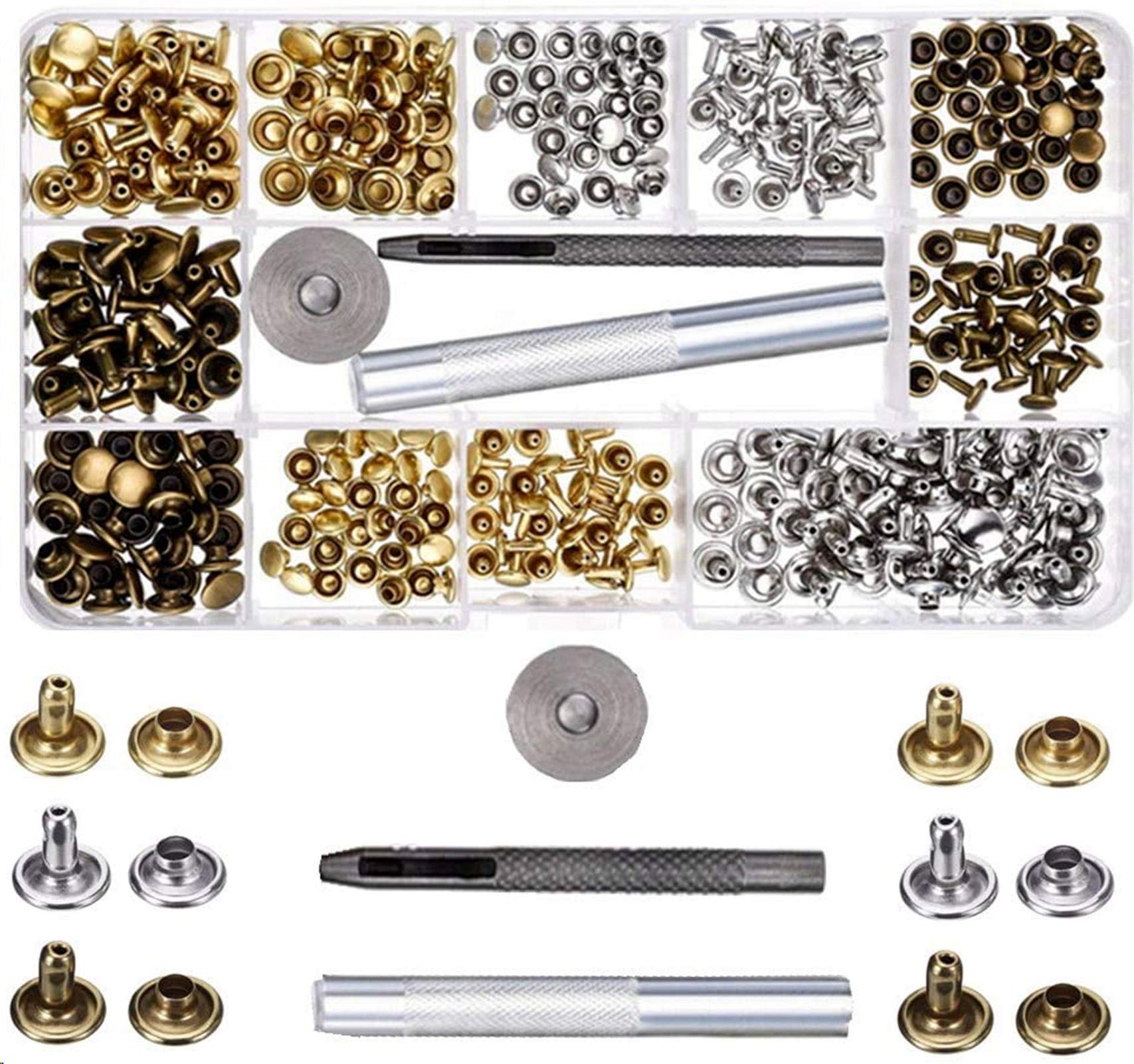 SIISMI 180 Set 2 Size Leather Rivets Double Cap Rivet Tubular with 3 Pieces Fixing Tool for DIY Leathercraft Rivets Replacement, 3 Colors