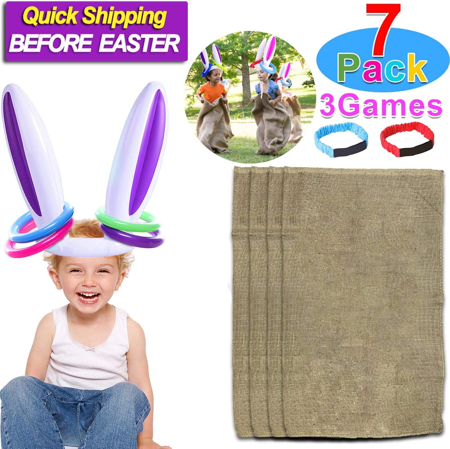 7 Set Outdoor Games for Family Lawn Game Include Potato Sack Race Bags, Egg Spoons Game, Inflatable Bunny Ring Toss, Legged Race Bands Backyard Games Birthday Party Games for Kids Field Day Game