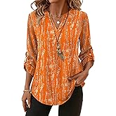 XIEERDUO 3/4 Length Sleeve Womens Tops V Neck T Shirts Both Side Buttons Blouses Business Casual Outfits Loose Fit