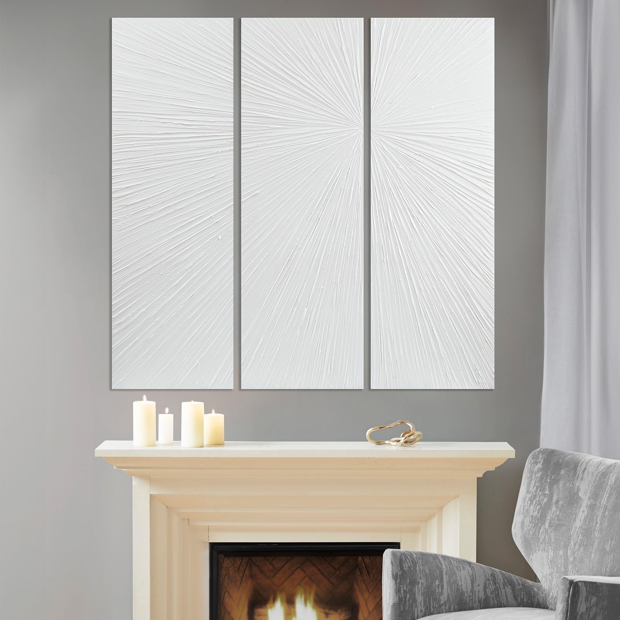 Photo 1 of ***VERY BROKEN!!!!!!CRACKED !!!USED FOR PARTS !!!FINAL SALE!!!!MADISON PARK SIGNATURE Sunburst Wall Art - Modern Resin Dimensional Radiant Color Hand Painted Home Décor Abstract Textured 15" W x 45" H x 1.25" D White 3 Piece