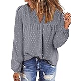BETTE BOUTIK Women Boho Long Sleeve Shirts Dressy Casual V Neck Fall Fashion Tops Swiss Dot Flowy Blouses