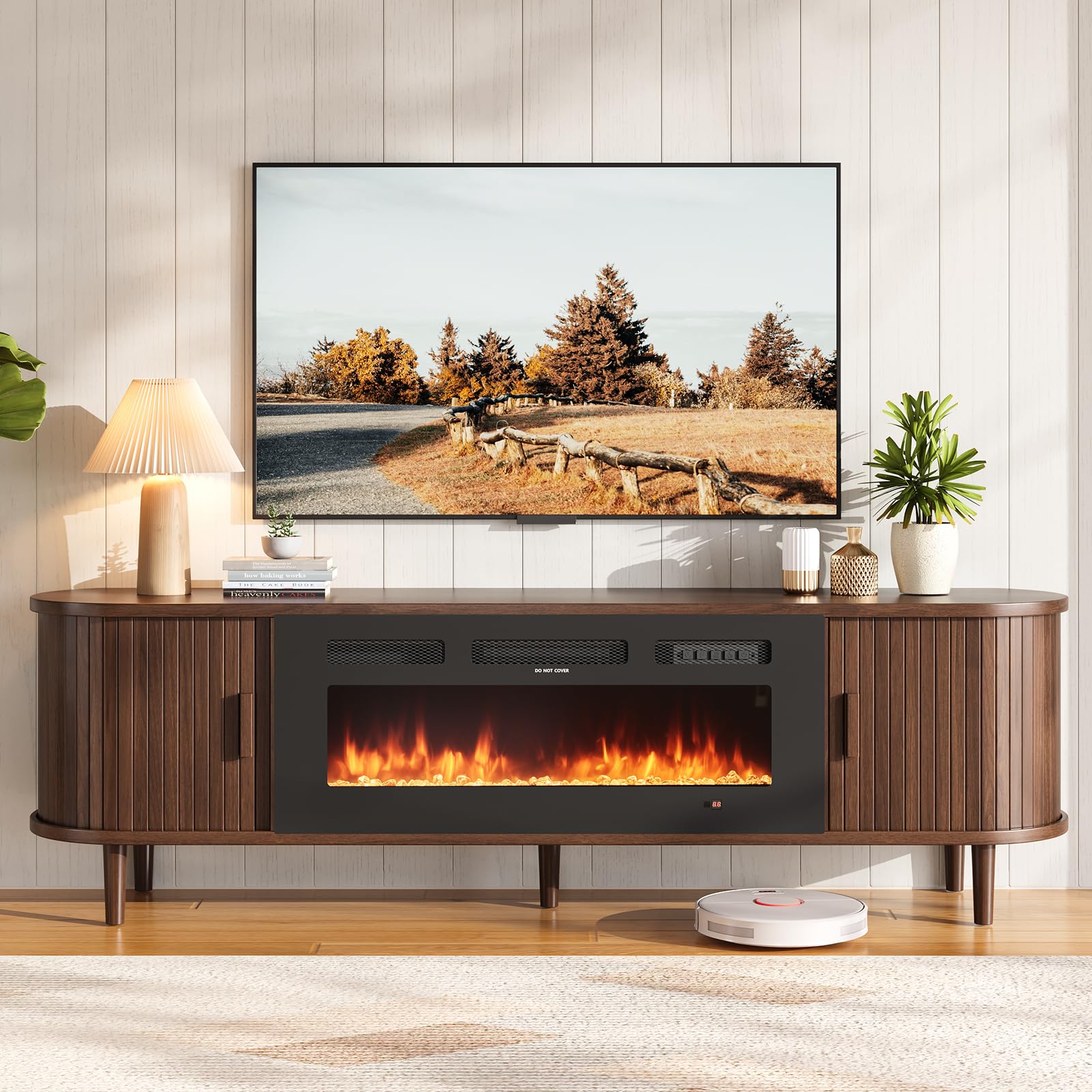 Photo 1 of ****Partial Set CARTON A ONLY****
OneBlis 70" Mid Century Modern TV Stand with Fireplace, Fluted Fireplace TV Stand, Entertainment Center with Sliding Door, TV Console with Solid Wood Legs for Living Room, Walnut