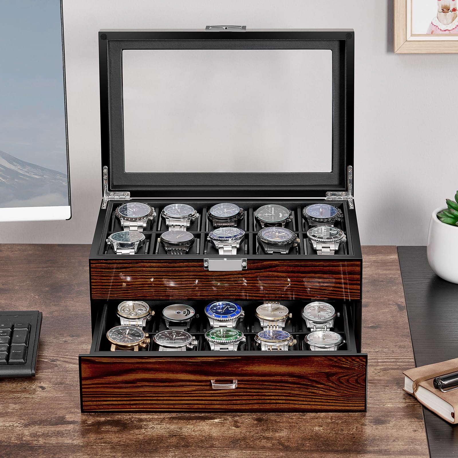 BEWISHOME BEWISHOME High-End Watch Box, 20-Slot Watch Case with Large Glass Lid, Wooden Watch Cases for Men, Watch Storage, Watch Organizer, Synthetic Leather Interior, Brown SSH04Y