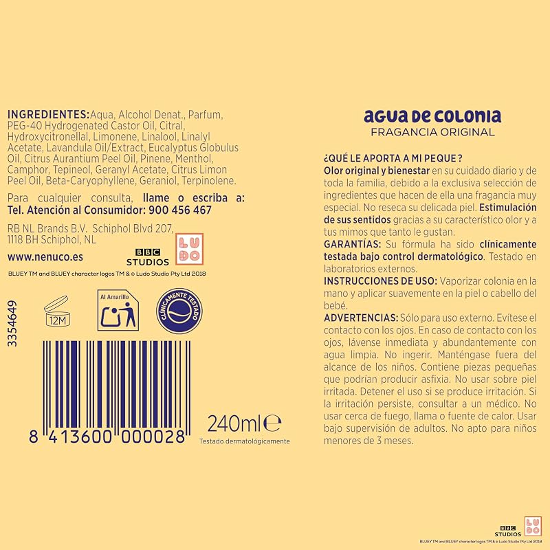 Cologne Water Original fragrância spray formato 240 ml, Edição Limitada Bingo (Bluey), recomendado para bebés a partir dos 3 meses