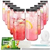Ruckae Pink 16oz 10 Pack Juice Bottles, Glass Bottles Juicing with Lids, Smoothie Cup Lids and Straws, Water Bottle Mason Jar Drinking Glasses for Juicing, Smoothies, Kombucha