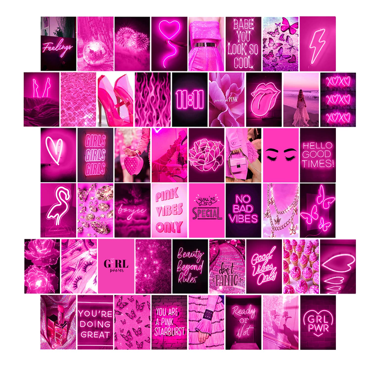 WOONKIT Pink Wall Collage Kit, Neon & Hot Pink, Bedroom Decor for Teen Girls - 50pcs 4x6 Inch