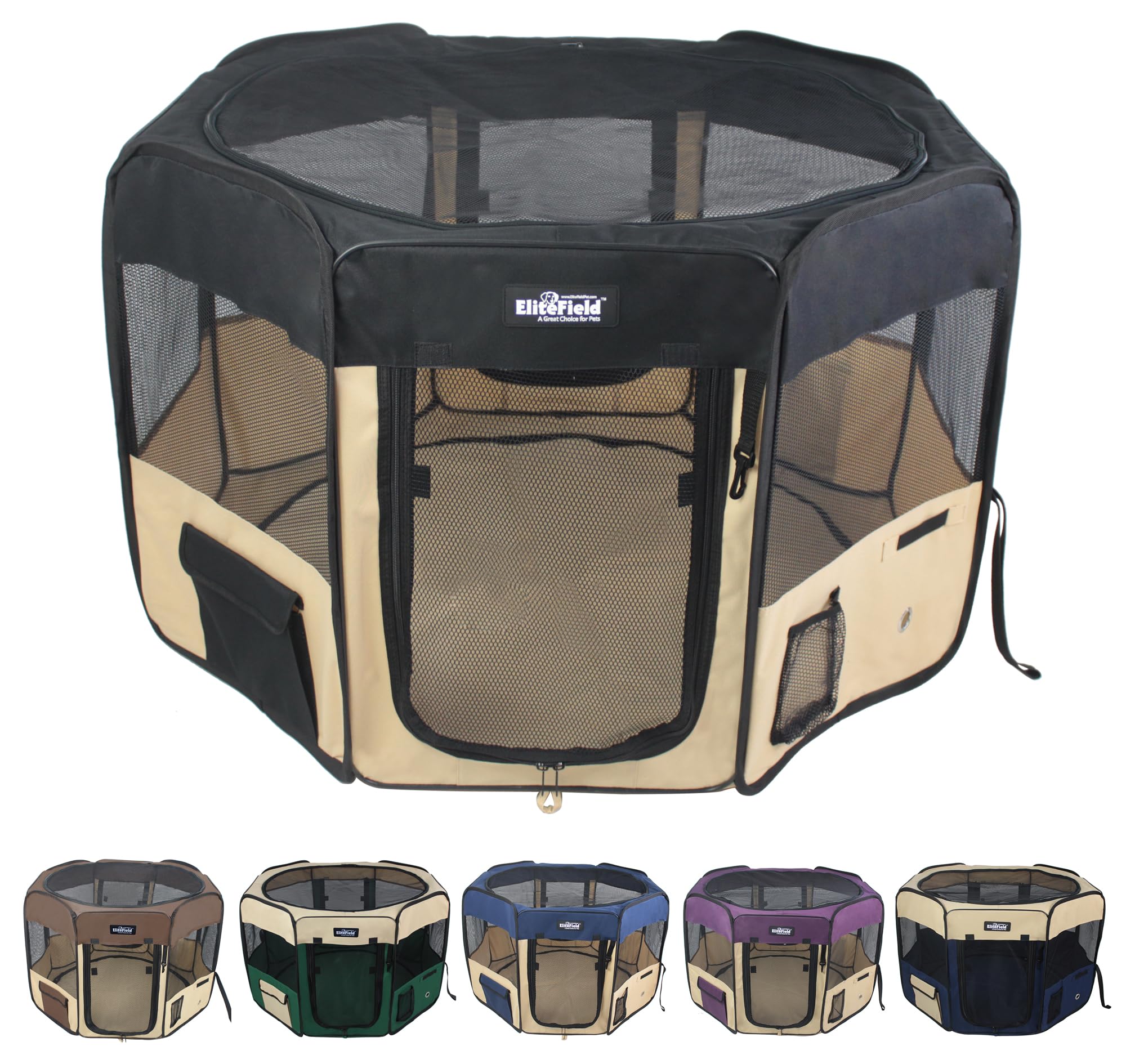 EliteField 2-Door Soft Pet Playpen (2 Year Warranty), Exercise Pen, Multiple Sizes and Colors Available for Dogs, Cats and Other Pets (42" x 42" x 24"H, Black+Beige)