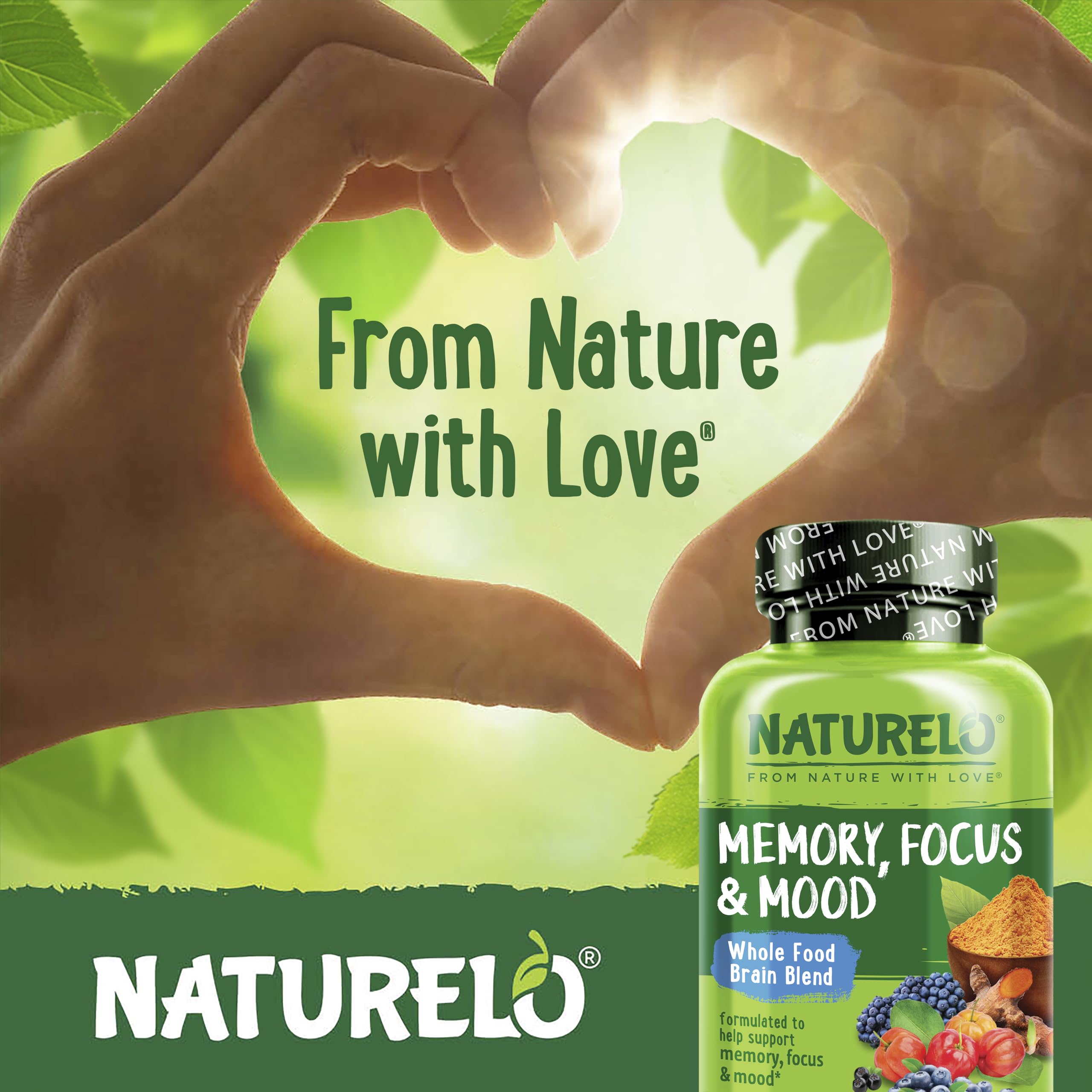 NATURELO Whole Food Brain Supplement - Brain Health Supplements for Memory & Focus Support - Enhance Brain Health Blend Supplement for Adults - 60 Vegetarian Capsules