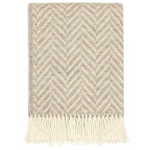Beige Herringbone Throw Blanket 100 Pure New Wool Home