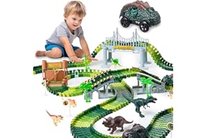 GLEAMKID 288 PCS Dinosaur Race Car Track Toys, Flexible Dinosaur Track Toy Set, Birthday Dinosaur Toys Gifts for 3 4 5 6 7 Years Old Boys Girls, 3 Year Old boy Birthday Gift