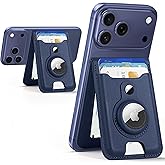 HiWe for MagSafe Wallet Stand with AirTag Holder - 4200G Strong Magnetic, RFID Blocking PU Leather Wallet, 2 Card Slots + ID Window, for iPhone 17/16/15/14/13/12 Series (Excl. Mini) | Navy Blue