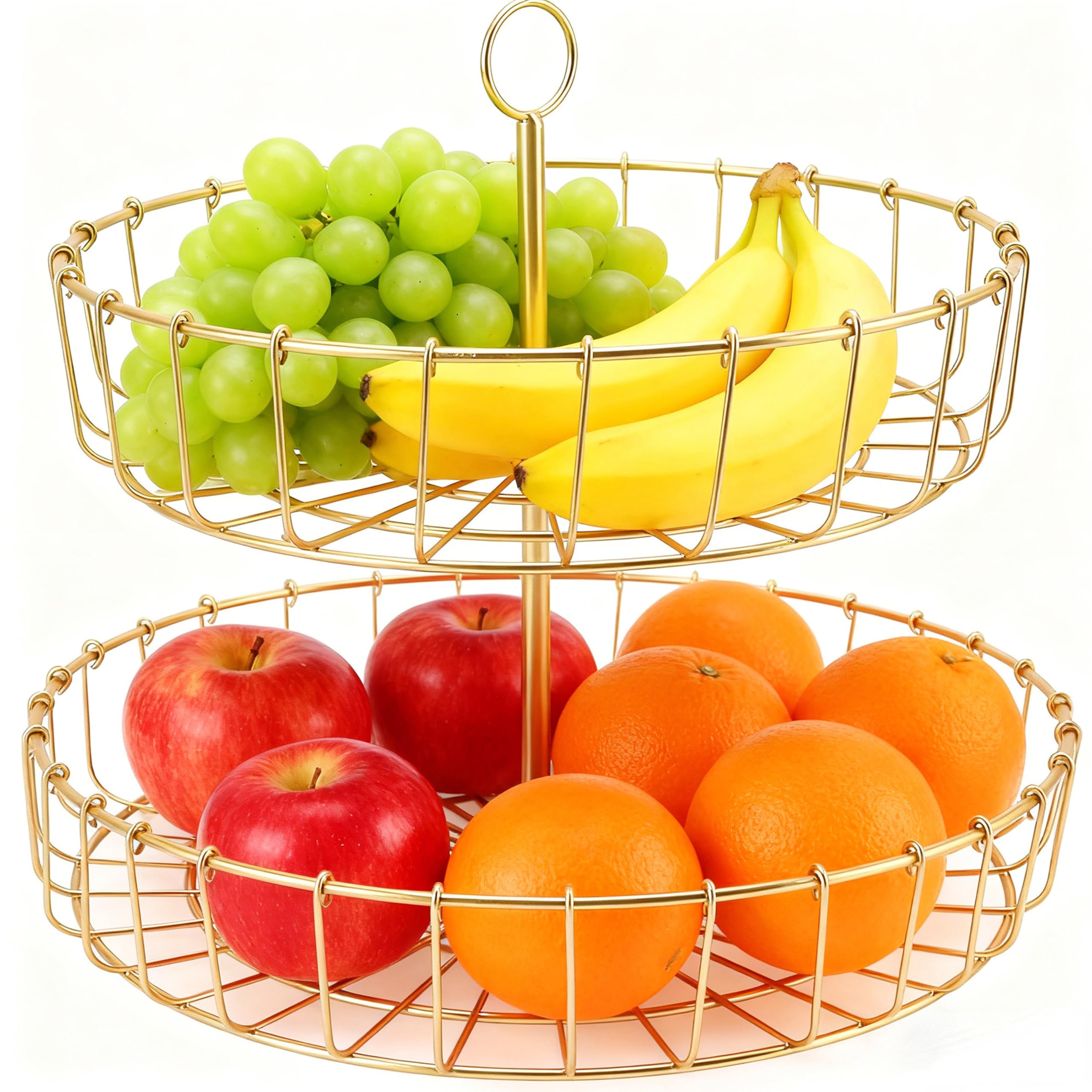 Photo 1 of Tiered Fruit Bowl, 2 Tier Fruit Basket, Golden Fruit Basket Iron Round Golden Nordic Household Snack Storage Tray For Party Desktop Kitchen