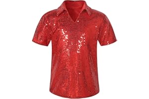 Spring&Gege Boys' Short Sleeve Sparkle Sequins Polo Shirts V-Neck Shiny T-Shirt (4-12 Years)