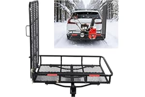 ECOTRIC Hitch Mount Wheelchair Carrier with Mobility Ramp for Wheelchair Scooter Lawn Mower Snow Blower Hauler 500lb Capacity Basket-Style