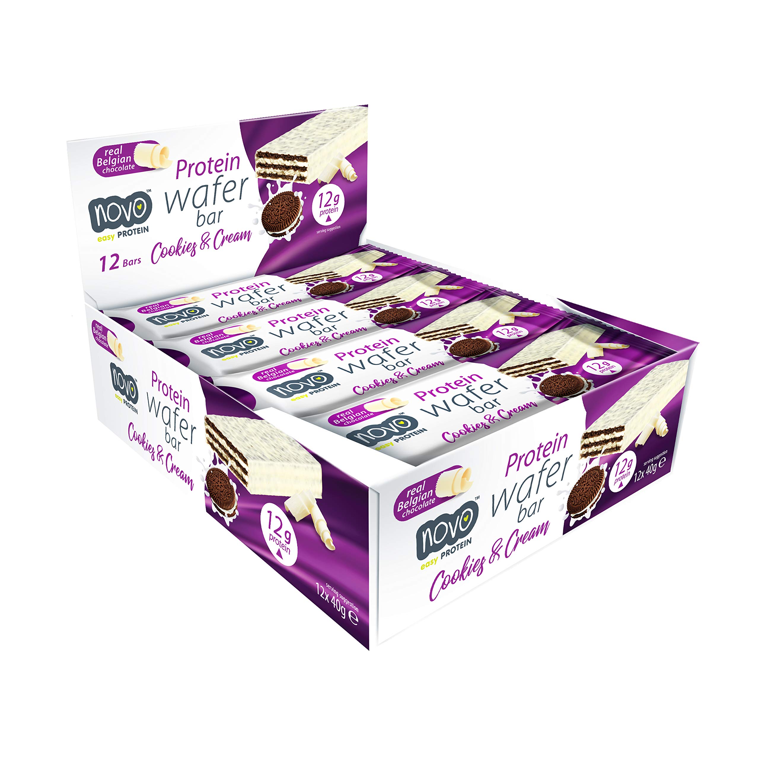 Novo Nutrition | Protein Wafer Bar | Pack of 12 x 40g | Cookies & Cream Flavour | Healthy Crispy Wafer Snack with High Protein and Real Belgian White Chocolate | Suitable for Vegetarians