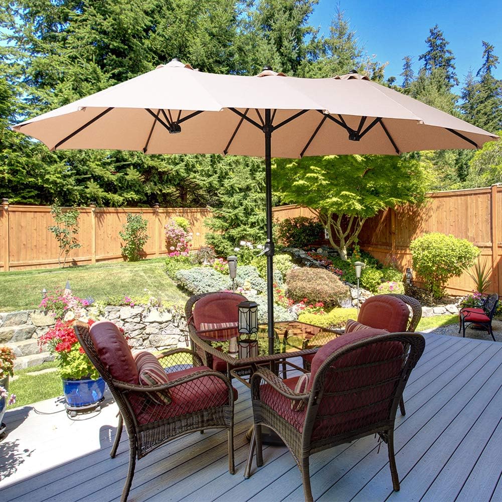 Amazon Com Superjare 14 Ft Outdoor Patio Umbrella With 1 89 Inches Pole Caliber Extra Large Double Sided Design With Crank Polyester Fabric Beige Garden Outdoor