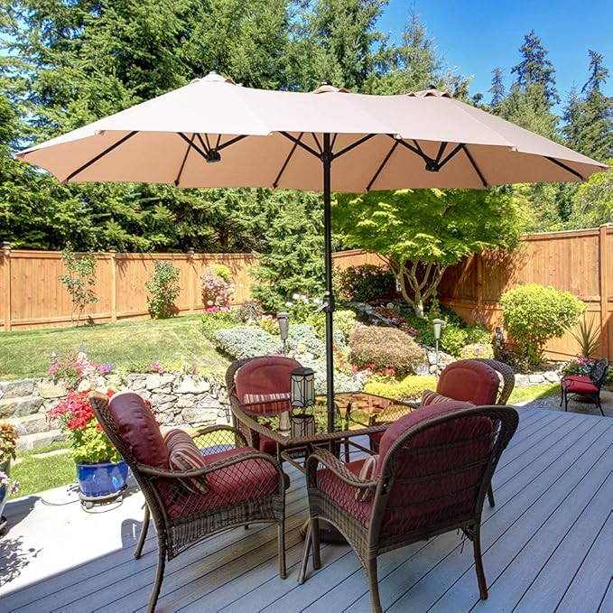 Amazon Com Superjare 14 Ft Outdoor Patio Umbrella With 1 89 Inches Pole Caliber Extra Large Double Sided Design With Crank Polyester Fabric Beige Garden Outdoor