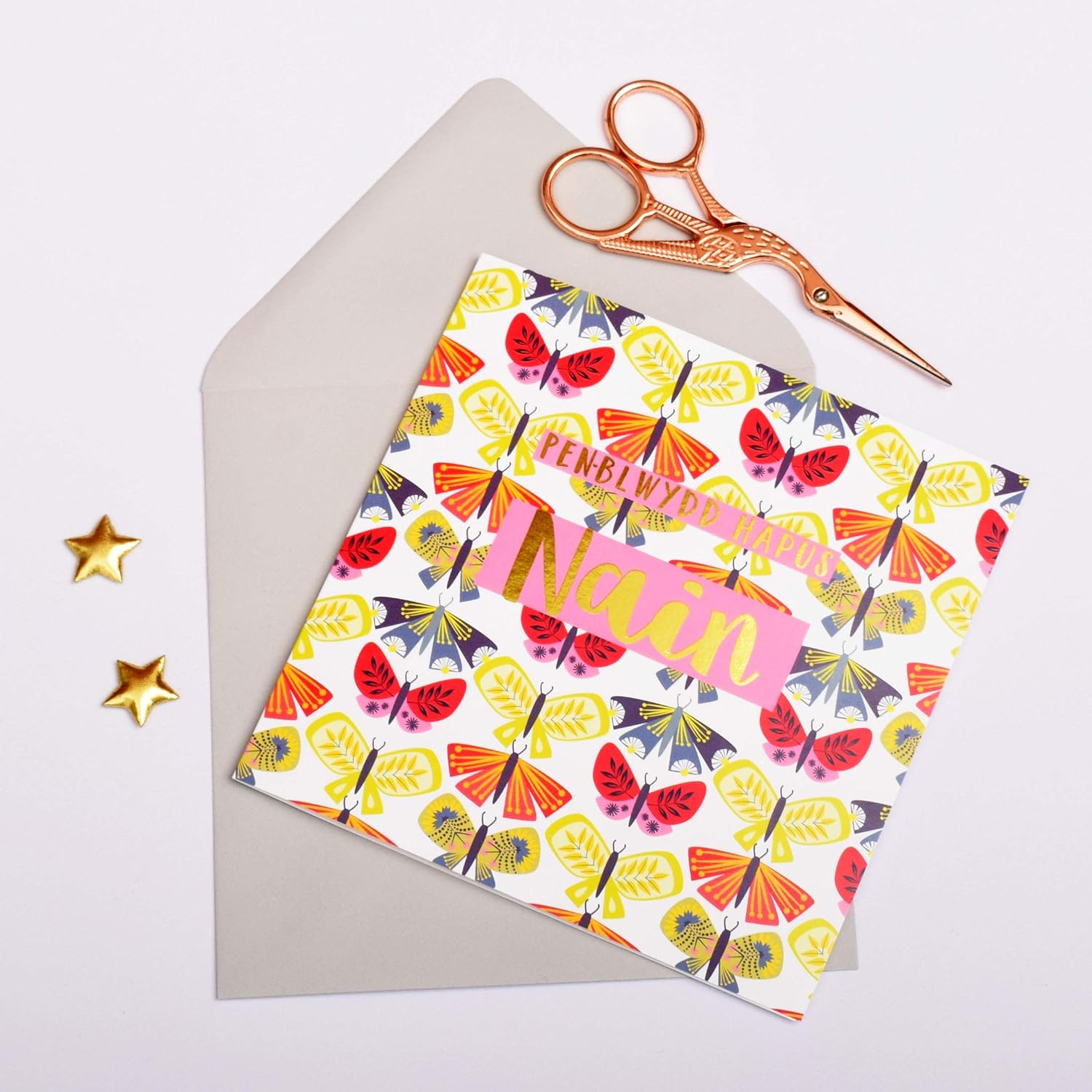 Claire Giles Greeting Cards, Welsh Happy Birthday Nanna Card, Penblwydd Hapus Nain, Text Foiled in Shiny Gold - Image 3