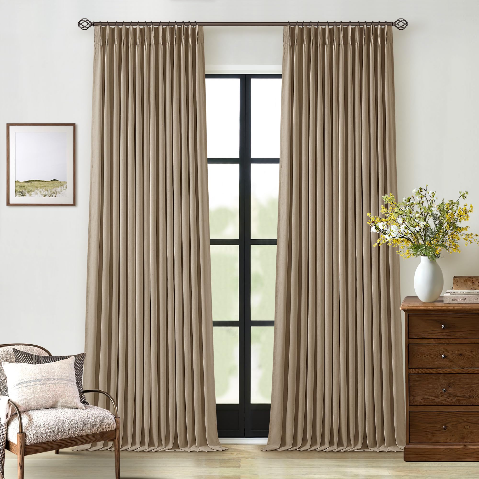 Photo 1 of Tan Brown Pleated Linen Blackout Curtains 90 Inches Long for Bedroom Living Room Pinch Pleat Black Out Thermal Insulated Ring Hooks Back Tab Room Darkening Drapes Coffee Color Curtains with Liner