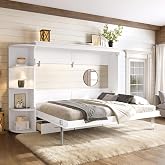 KEIKI Queen Size Horizontal Cabinet Murphy Bed with Shelf &amp; Side Cabinets &amp; Drawers, Foldable Hideaway Wall Bed Frame with Slats, No Box Spring Needed, Easy Assembly, for Bedroom, Guest Room, White