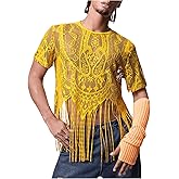 SHENHE Men's Sheer Floral Lace Fringe Short Sleeve Crewneck Cropped Tee Party Shirt Top