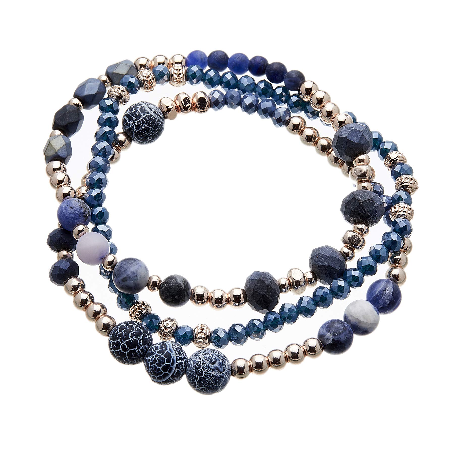 Bello London Set of three Stretch Bracelets with blue and champagne gold plated beads - Yori B01-06-02