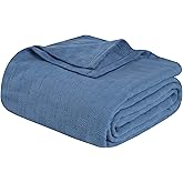 Superior Basketweave Cotton Blanket, Basket Weave Design, Soft, Comfy Cover for Bed, Bedding, Bedroom, Couch Throw, Lounging, Modern Boho Medium Weighted Blankets, Throw Size, Denim Blue