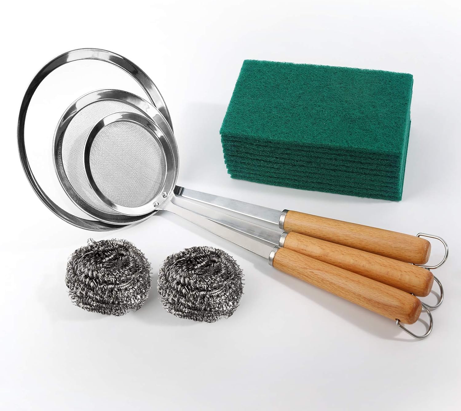 Fine Mesh Strainer Set of 3, Stainless Steel Strainers, Sieves, Sifters, Colander Kitchen Strainer Fine Mesh for Food Preparation, Plus 2 Kitchen Stainless Steel Scrubbers and 10 Heavy Duty Scour Pads